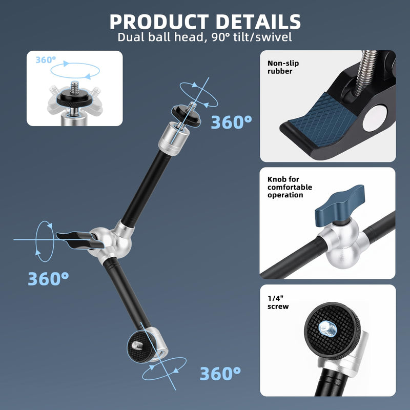 BRDRC Magic Arm Clamp Mount, 9.8" Articulating Extension Arm with 1/4" and 3/8" Thread, with Cold Hot Shoe Adapter, Phone Holder for Tripod DSLR Camera Cage LCD Monitor LED Light Accessories