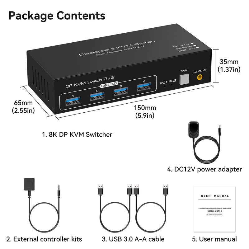 Displayport KVM Switch 2 Monitors 2 Computers 8K 60Hz 4K 120Hz Dual Monitor USB 3.0 KVM Switches for 4 USB Devices, Wired Extension Button,12V DC Adapter and USB3.0 Cables 8K DP Black
