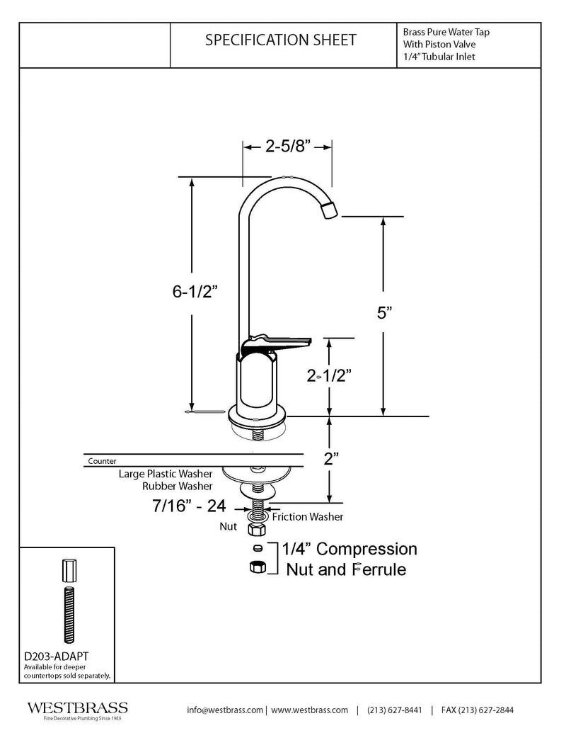 Westbrass R203-NL-62 6" Touch-Flo Style Pure Water Dispenser Faucet, Matte Black