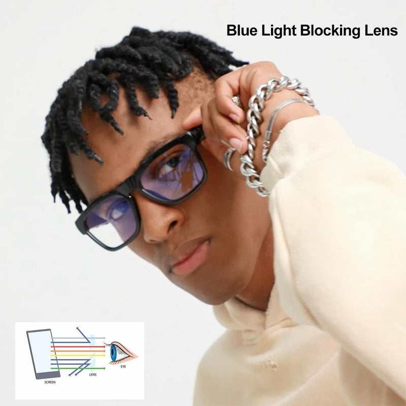 OhO Bluetooth Glasses,Voice Control and Open Ear Style Smart Glasses to Listen Music and Calls,UV400 Protection Lens Shine black - Blue Light Blocking Lens