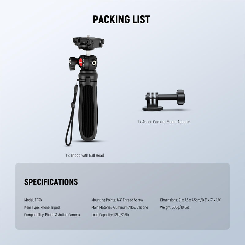 NEEWER TP38 Phone Camera Tripod, 15" Extendable Selfie Stick Metal Tripod Stand with Phone Holder, Action Camera Adapter Compatible with Hero 12 11 10 9, 360° Ball Head Travel Tripod for Vlogging