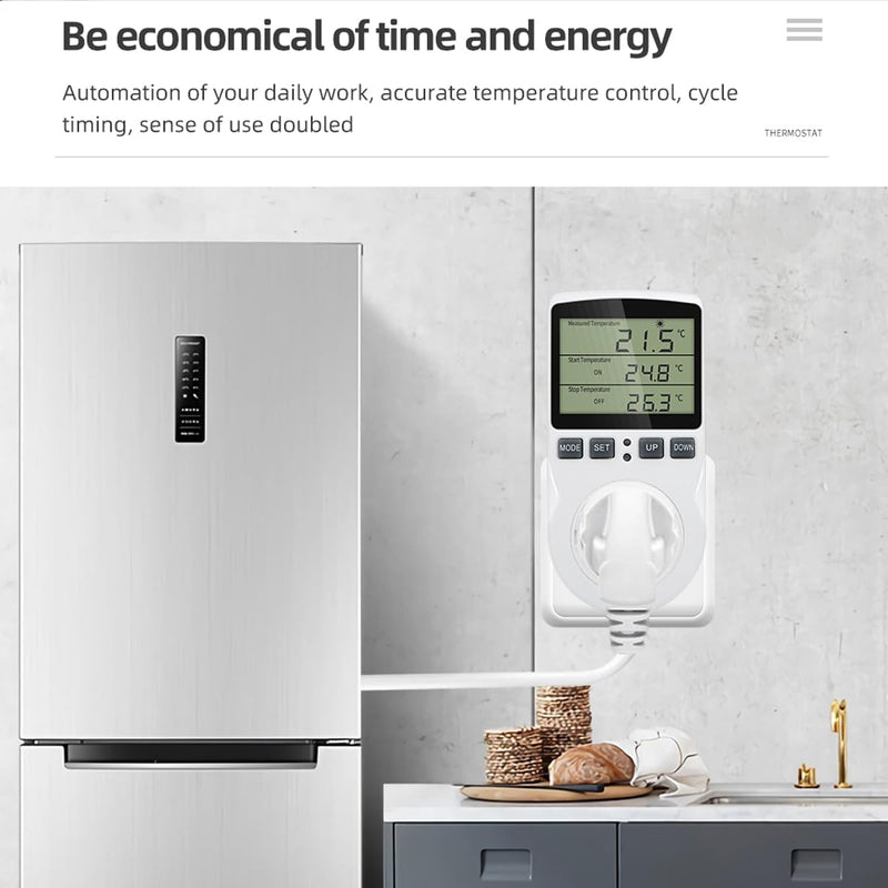 Greluma 1 Piece AC 230V Digital Temperature Controller Socket with Sensor Probe, Heating Cooling Thermostat Socket with Timer, LED Display Thermostat Switch for Greenhouse, Aquarium