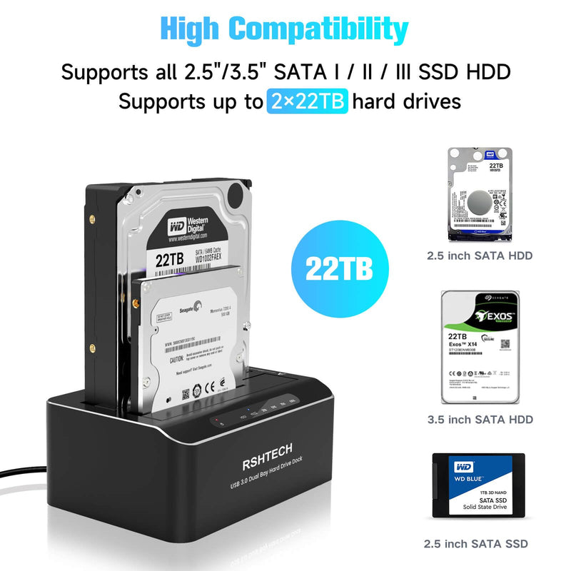 RSHTECH Hard Drive Docking Station Aluminum USB-C/USB 3.0 to SATA Dual Bay Hard Drive Dock for 2.5 or 3.5 inch HDD SSD, with 2-in-1 USB Cable, Support Offline Clone, UASP and 2x22TB, RSH-DS01C