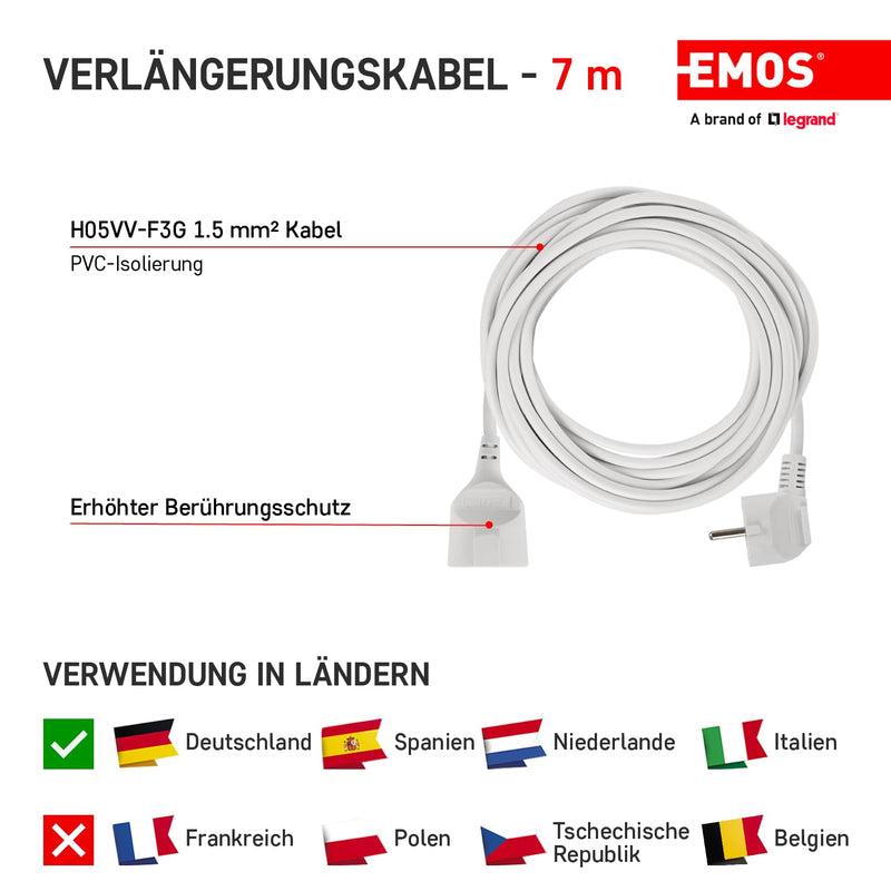 EMOS - IP20 extension cable 7m - 1 Schuko socket - 250 V, 16 A, 3680 W - high-quality PVC insulation - H05VV-F3G 1.5 mm2 - increased touch protection - for indoor use - white 7 Meter