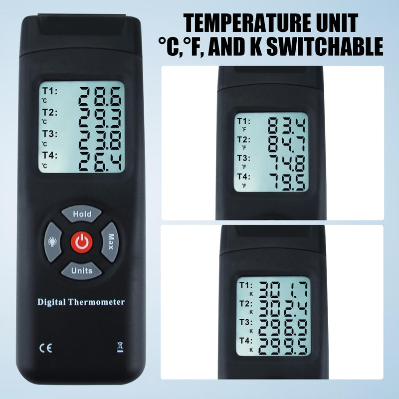 Thermometer 4 Channels K-Type Thermocouple Sensor Tester with K-Type Metal Probe, Backlight and Temperature Instrument