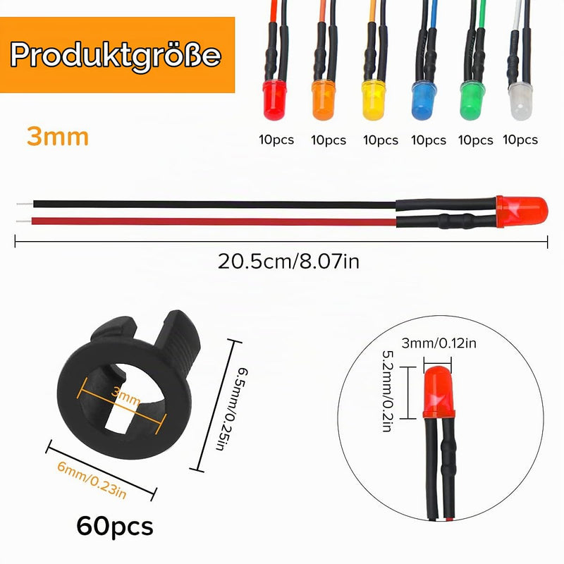 60 pieces 3 mm 12 V pre-wired LED diode light, white, orange, red, yellow, blue, green, 3 mm LED diffuse emitting diode with 20 cm cable + 60 pieces 3 mm plastic LED diode holder 3mm Multicolor Diffuse