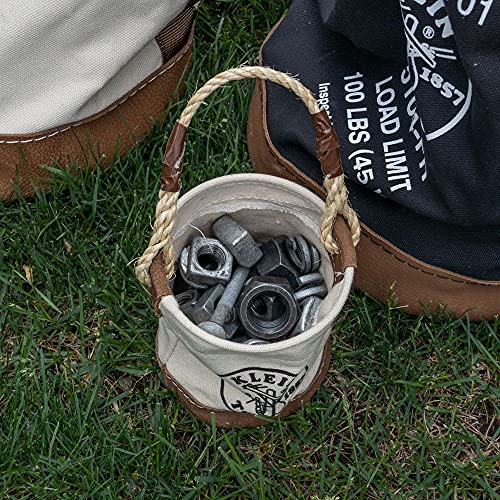 Klein Tools 5104MINI Mini Tool Bucket, Leather-Bottom & 5139 Zipper Bag, Canvas Tool Pouch 12.5 x 7 x 4.25-Inch with Heavy Duty Brass Zipper Close, Natural Bucket + Zipper Bag