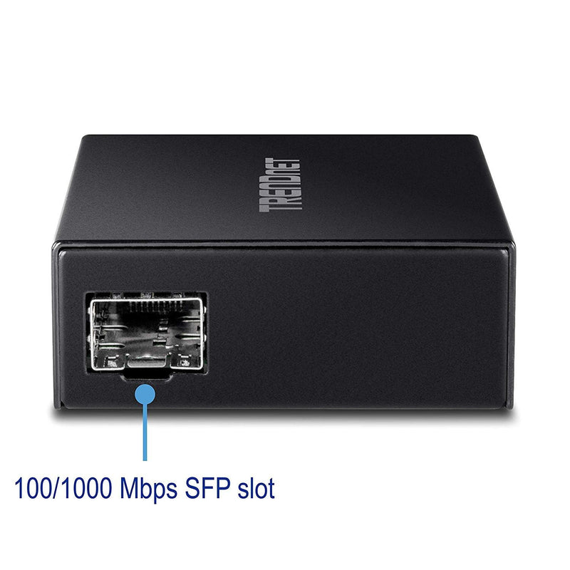 TRENDnet 1000Base-T to SFP Fiber Media Converter, Compact Design, 1000Base-T RJ-45 Port, 1000Base-SX/Lx SFP Slot, Mini Gbic, Multimode, Single-Mode, Full-Duplex Mode, Dual Speed SFP, TFC-GSFP 10/100 Mbps RJ-45|100 Mbps SFP