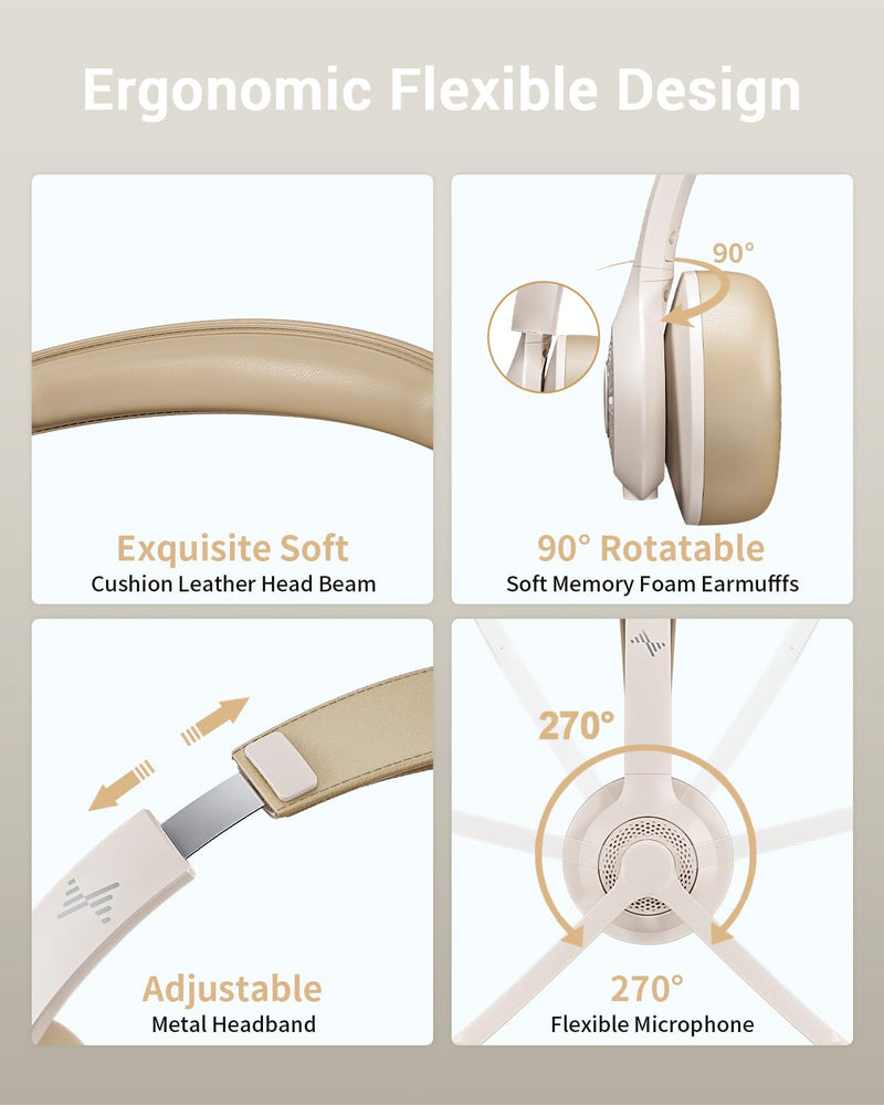 Wireless Headset with AI Noise Cancelling Microphone Bluetooth Headset - Bluetooth V5.2 Headphones with Mic Mute for Computer/Laptop/PC/iPhone/Android/Cell Phones/Zoom/Ms Teams/Skype-White White