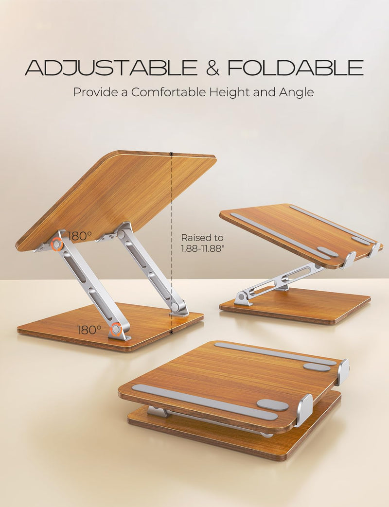Ergonomic Laptop Stand, Wood & Aluminum Computer Stand with Adjustable Angle, Foldable Dual-Bar Laptop Riser Holder Stand for Desk, Compatible with MacBook, Dell, HP 10-16" (Royal Teak Grain)