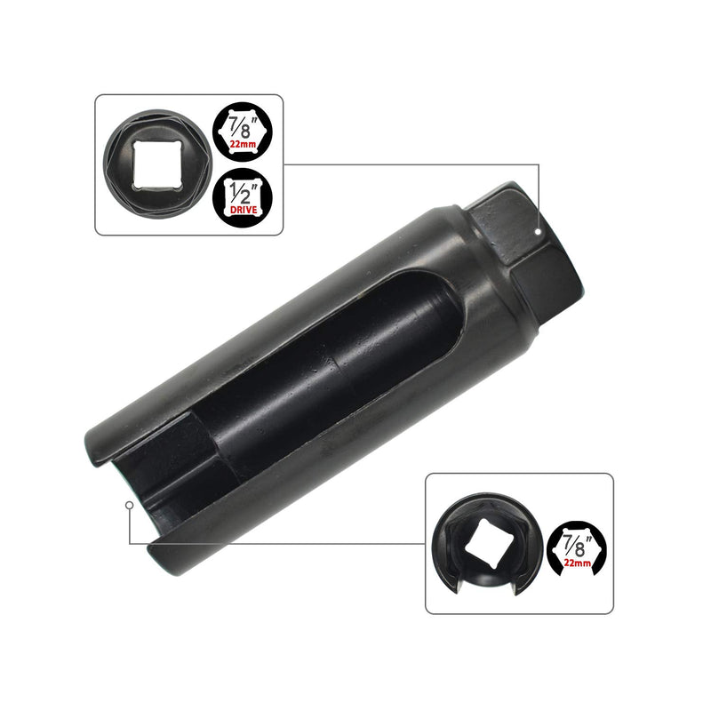 7/8 Inch (22 mm) 6-Point by 1/2 Inch Drive Offset Oxygen Sensor Socket with Wide Side Cutout for Preventing Damage to Wires