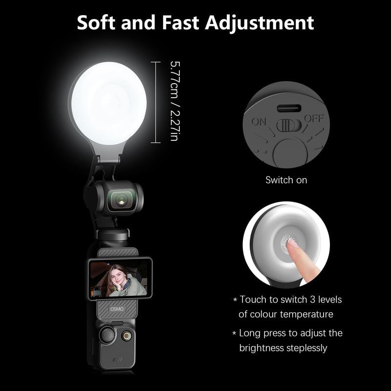 LED Light for DJI OSMO Pocket 3 Accessories, Auto-Follow Gimbal Selfie Vlog Video Auxiliary Fill Lighting, CRI≥95, 3-Color Temp 2500-9000K Brightness Adjustable, 2W USB-C (Black)