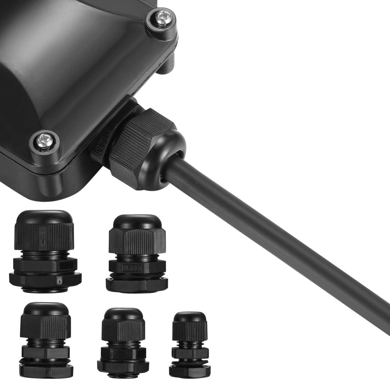 25 piece cable gland set, adjustable cable gland, waterproof, nylon cable glands with locking nuts, black cable connectors - PG7/PG9/PG11/PG13.5/PG16