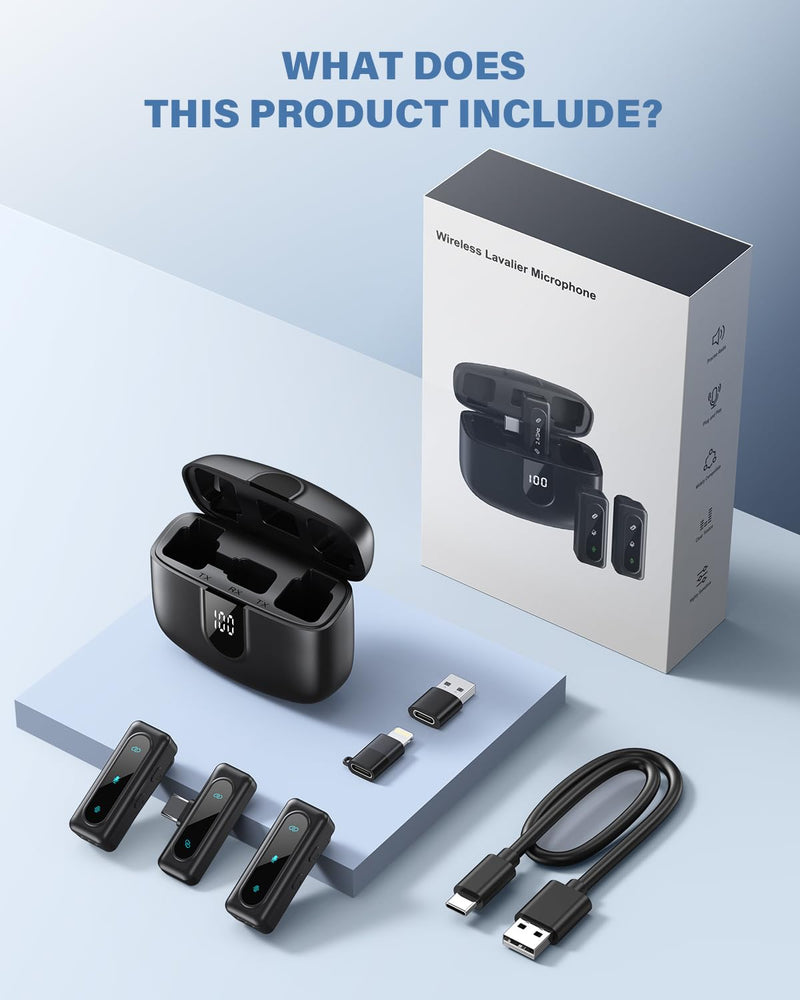 Wireless Lavalier Microphone for iPhone, Android & Laptops, Noise Cancellation, Auto Pairing, 24H Battery Life with Charging Case, USB C Mini Microphone for Vlogs, Interview, Podcasts, Live Streaming