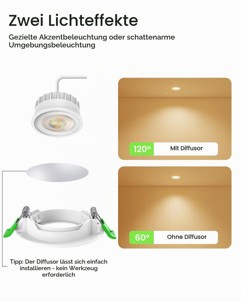 Alusso LED Recessed Spotlight 230 V Dimmable | 75-78mm 45° Tilt 6W 540lm, 3000K Warm White 4000K Neutral White 6500K Cool White for Kitchen, Height 1 inch, White, Set of 6 White, 3cct (3000/4000/6500k) Neigung Abnehmbar, Ø75-78mm Lochmass