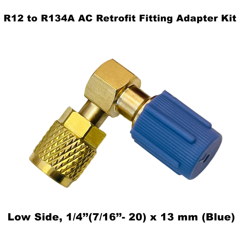 R12 to R134A AC Retrofit Fitting Adapter Kit, Brass R12 R22 to R134A High/Low Fitting Port Retrofit 1/4’’ to 7/16"-20 UNF Conversion Adapter (90° Angled High and Low Side Adapter) 90° Angled High and Low Side Adapter