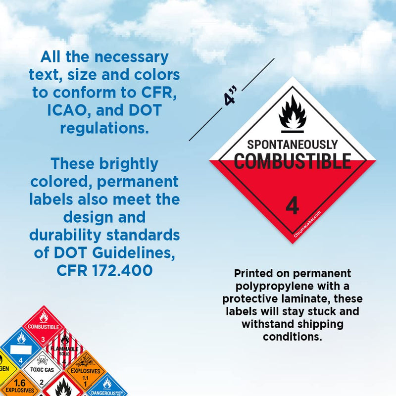 ChromaLabel 4 by 4 Permanent Durable Square D.O.T. Hazard Labels, Hazard Class 4 Spontaneously Combustible Label, 100/Roll 4" x 4"