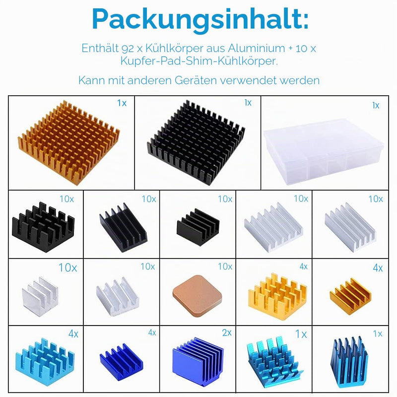 GeeekPi 102 Pieces (12 Different Sizes) Heatsink Kit with Conductive Tape, Aluminum Heatsink Cooler and Copper Heatsink for Raspberry Pi AB B+ 2/3/4