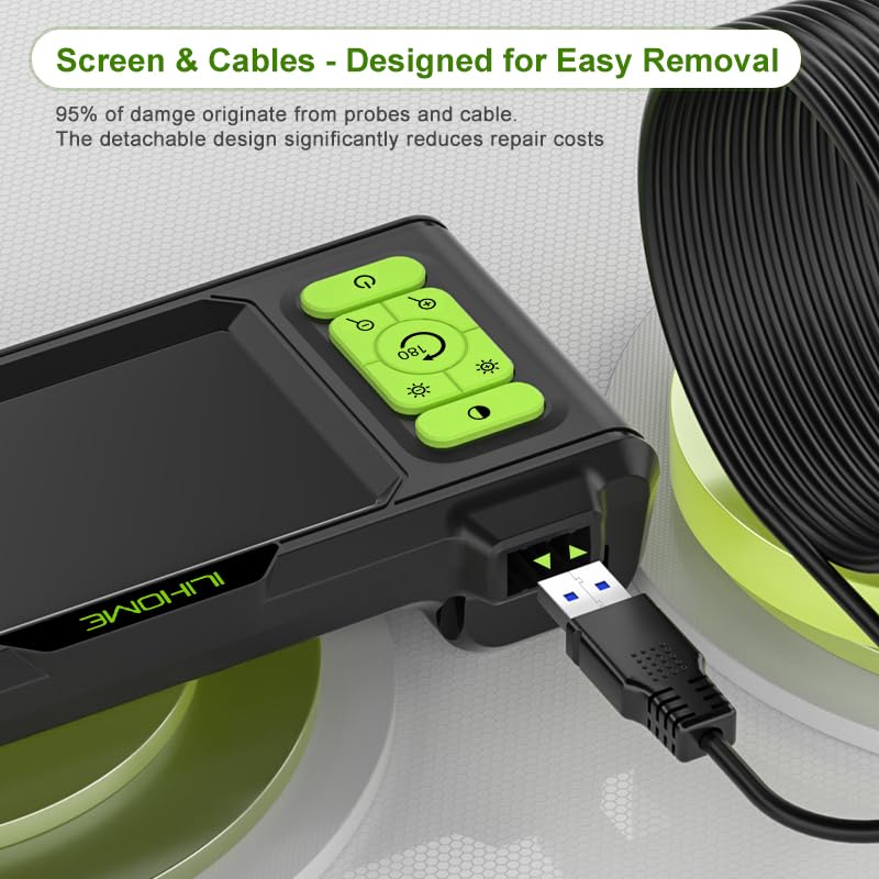 Dual Lens Borescope with Light, 1080P Industrial Endoscope Inspection Camera, 7.9mm IP67 Waterproof, Sewer Camera with 4.3" IPS Screen,8 LED Lights,16.5FT Semi-Rigid Cable. A1