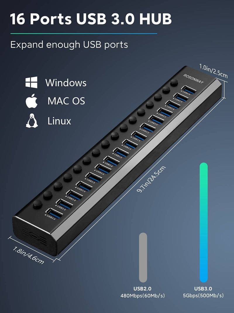 Powered USB Hub Rosonway 16 Ports 96W USB 3.0 Data Hub Aluminum USB Hub 3.0 Splitter with 12V/8A Power Adapter and Individual On/Off Switches RSH-A16 (Black) 16 Ports USB 3.0 hub Black