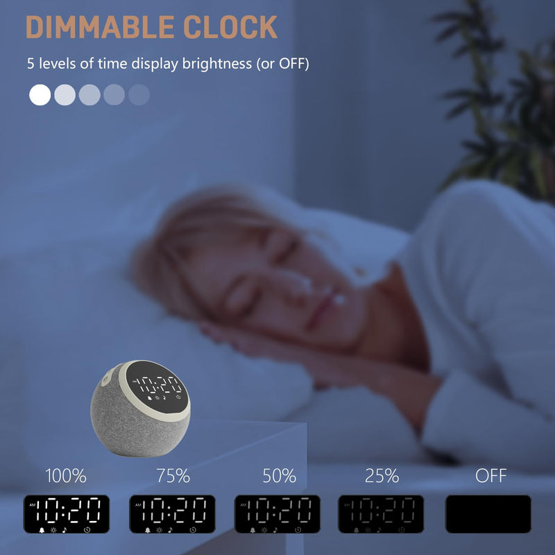 Sound Machine White Noise Machine with 25 Soothing Sounds, 5W Stereo Speaker, Dimmable Alarm Clock for Bedroom with Night Light, 1 Alarm, Sleep Timer, Ideal Gift for Baby, Kids, Adults, Seniors, Grey