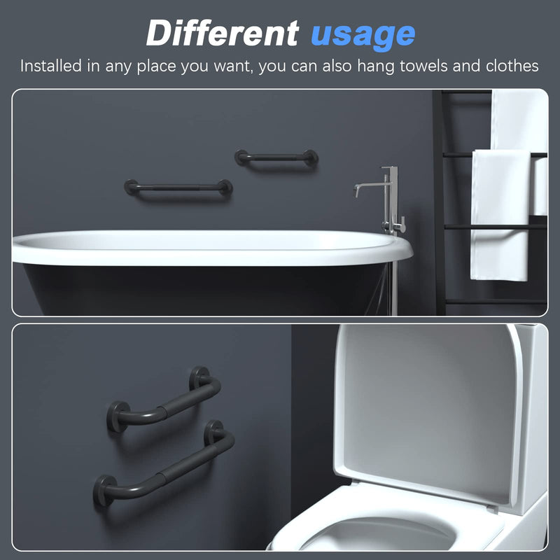 2 Pack 16 Inch Anti-Slip Shower Grab Bars w/Rubber Grip, iMomwee Stainless Steel Bathroom Wall Mount Matte Black Grab Bar Handle, Safety Balance Handrail, Handicap Elderly Senior Assist Bath Handle matte black with rubber grip