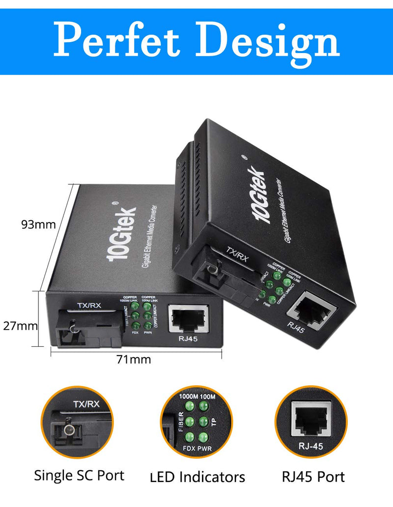 BiDi Gigabit Single Mode SC Media Converter, 10/100/1000M Fiber to Ethernet Converter, 1000Base-FX Single SC to 10/100/1000Base-T/TX RJ45, Built-in Fiber Module, SMF, 1310/1550nm, 20km, 1 Pair X1 Bidi,SMF,SC,20km
