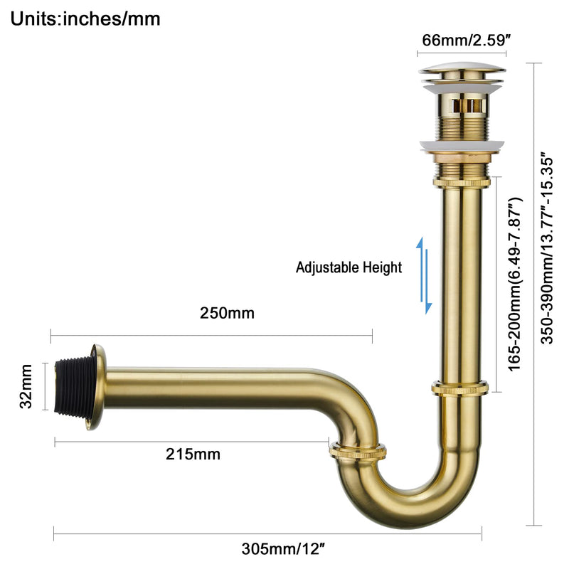 Bathroom Basin Sink U Shape Stopper Complete Set, Adjustable Height 1-1/4 Bottle Trap Basin Sink Waste Drain P Trap Set with Overflow, General US/CA Standard, Brushed Gold U-Stopper Stopper U1-gold