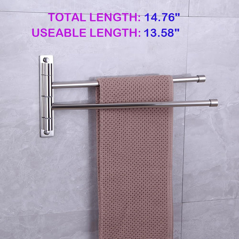 2-Arm Swivel Towel Bar Bathroom Towel Holder Wall-Mounted Swing Out Towel Rack with Hooks Rustproof Polished Finish
