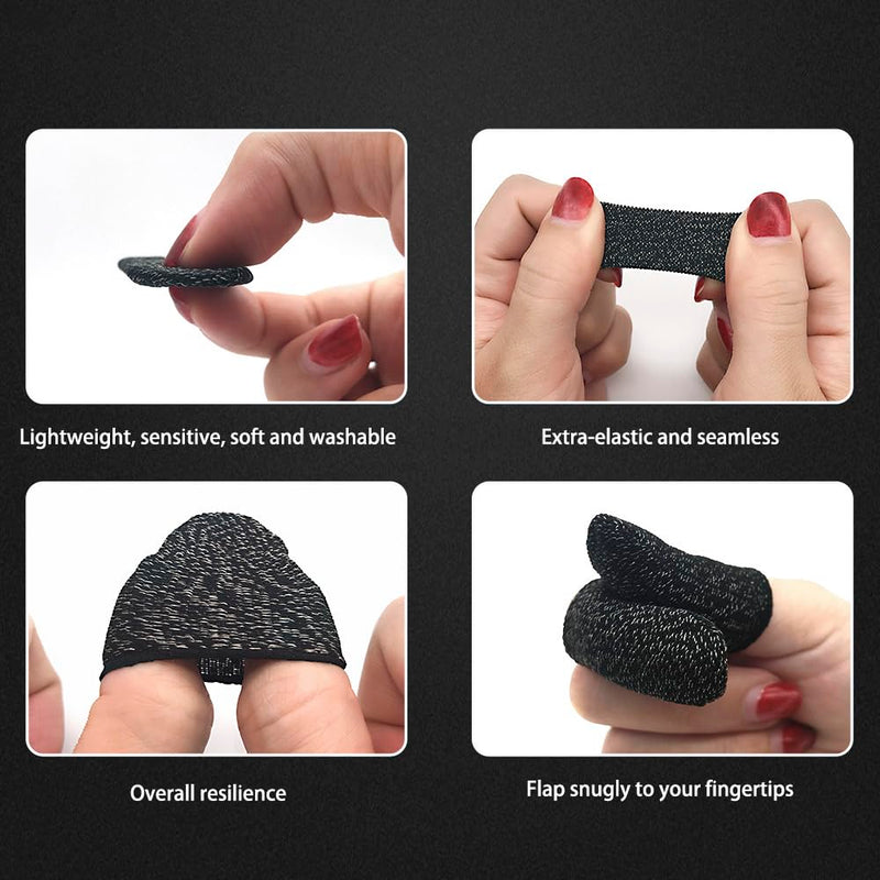 Gaming Finger Sleeves for Mobile Gaming, Gaming Gloves 8 PCS 0.3 mm Silver Fiber, Anti Sweat, Extremely Thin,Breathable Seamless Touchscreen Finger Cover Thumb Sleeve Fit Phone Game Tablet Devices Black 8PCS