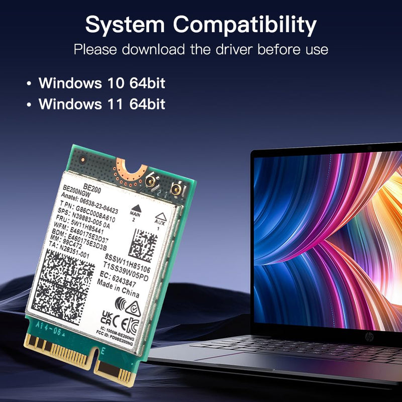 BE200NGW WiFi 7 Wireless Card, M.2 NGFF,WiFi 7 BE200 Tri-Band Network Adapter with 8774Mbps Speed and BT5.4 WiFi Card for PC,Not Support AMD for Windows 10/11