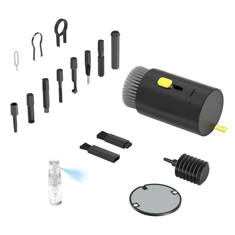 Tounee Keyboard Cleaner Kit, Electronics Cleaning Kit with Retractable Big Brush, Portable, 20 in 1 Multi-Tool Kit for Phones, Tablet, Computer, PC Monitor,TV Camera Lens with 2.5ml Mist Spray (Black) Black