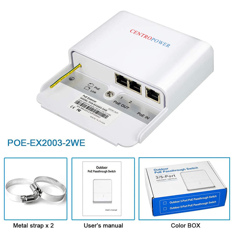 Gigabit 2 Port PoE Extender Outdoor, 6KV Lightning Protection PoE Passthrough Switch, Ethernet Splitter Booster, 60W 48V Comply with IEEE 802.3af/at