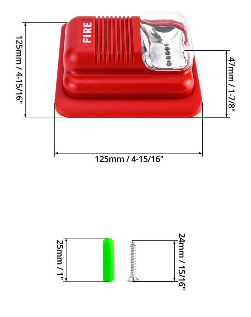 QWORK Fire Alarm, 12 / 24V DC Wired Sound and Light Fire Alarm Warning Strobe Siren Horn, Sound Alarm Security System Sensor 1 Pack