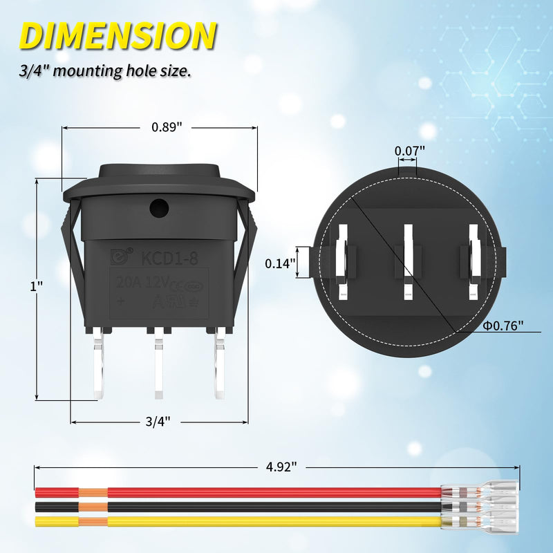 Joinfworld 3 Way Round Rocker Switch 12V, Waterproof 3 Pin 3 Position ON/Off/ON 6A/250V AC 10A/125V DC SPDT Circle Toggle Switch with Wires for Auto Car Marine Boat - 8Pack ON-OFF-ON