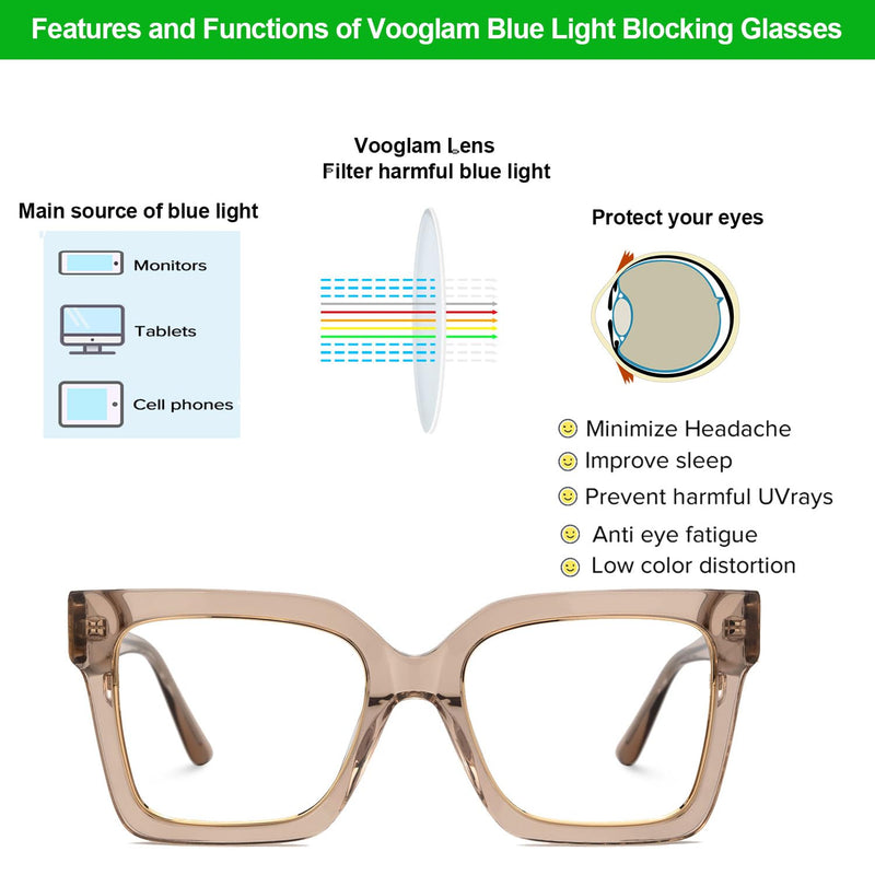 VOOGLAM Square Blue Light Glasses for Women Men Anti Eyestrain Dry Eyes Computer Phone TV Eyewear Ibrahim Champagne Clear