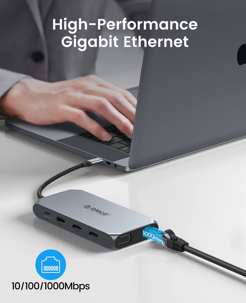 Docking Station USB C to Dual HDMI Adapter, ORICO 12 in 1 USB C Hub with Dual HDMI, VGA, 100W PD, Ethernet, 2 USB-A 3.1, 1 USB 2.0, 1 Type-C 3.1, SD/TF, Audio, Compatible for Windows/Mac OS（Rose Gold） X11 Rose Gold