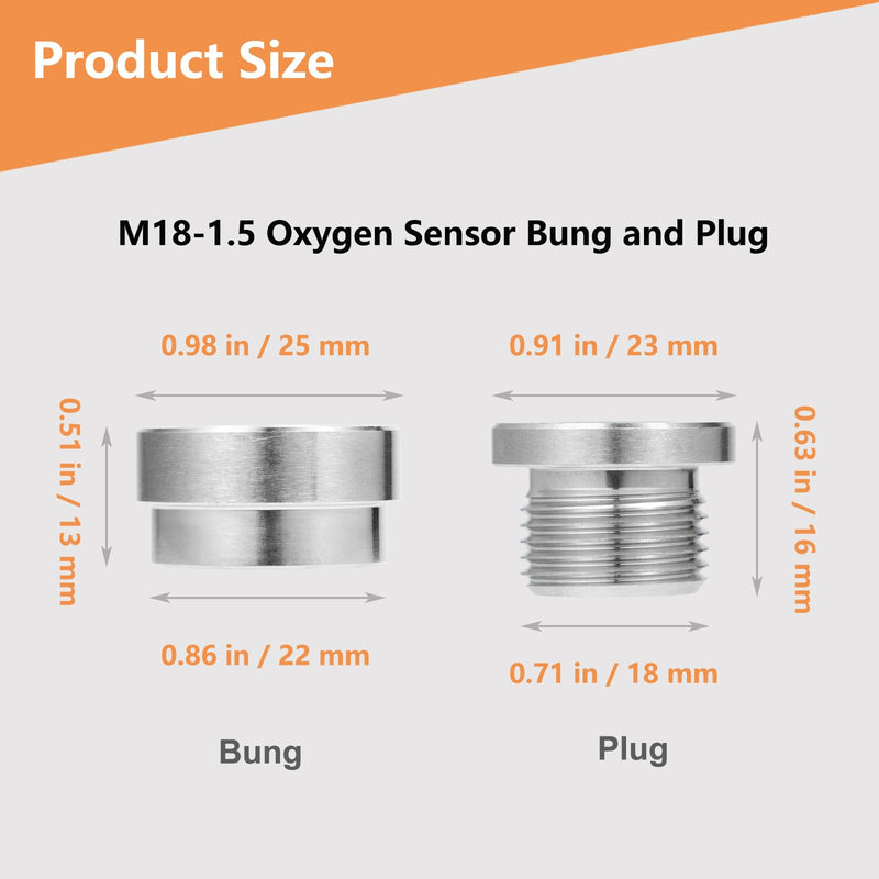 O2 Oxygen Sensor Bung and Plug 304 Stainless Steel M18-1.5,Oxygen Sensor Bung Stepped Style with Plug, Suppied by Hohnnyreet M18 X 1.5 Silver