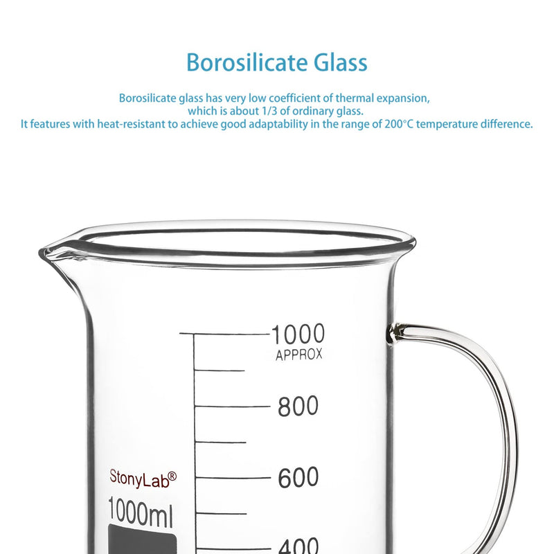 stonylab Glass Beaker with Handle, Borosilicate Glass Graduated Low Form Griffin Beaker with Handle and Pouring Spout, 1000 ml (Pack of 2) 1000 ml (Pack of 2)