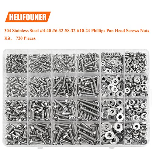 HELIFOUNER 720 Pieces #4-40#6-32#8-32#10-24 Phillips Pan Head Machine Screws Nuts Washers Assortment Kit, Coarse Thread, Fully Machine Threaded, 304 Stainless Steel #4-40 #6-32 #8-32 #10-24
