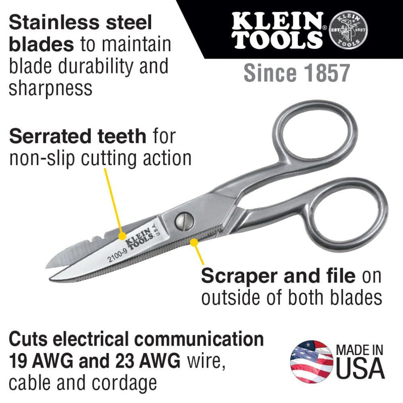 Klein Tools 2100-9 Stainless Steel Electrician's Scissors with Stripping Notches, 5-1/4-Inch (Pack of 2) 1 Count (Pack of 2)
