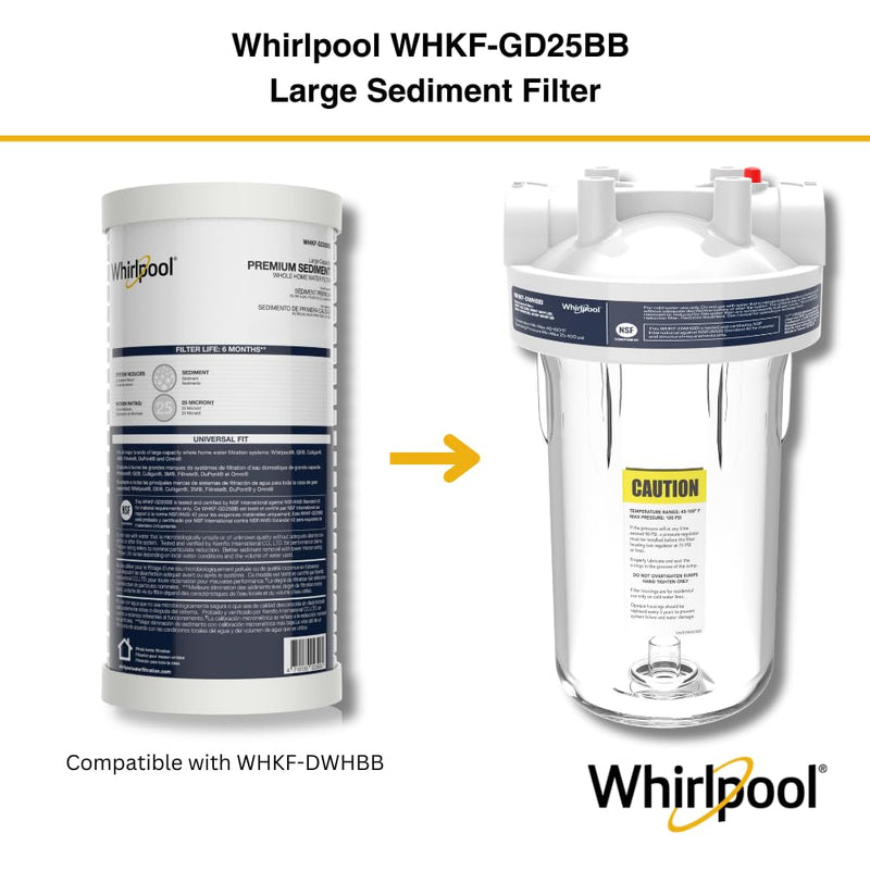 Whirlpool 10" x 4.5" Whole House Large Capacity Sediment Filter WHKF-GD25BB, NSF Certified 25 Micron Filtration, 6-Month Life, Replacement Cartridge Fits Most Home Standard Filter Housings Sediment (1-pack)