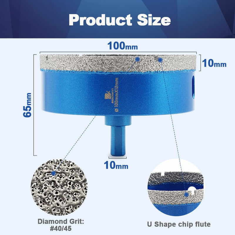 Dry Diamond Core Drill Bit,BRSCHNITT 4 Inch 100mm Diamond Hole Saw Core Drill Bit with Triangle Shank for Porcelain Tile Ceramic Stone Granite Marble 100 mm 1