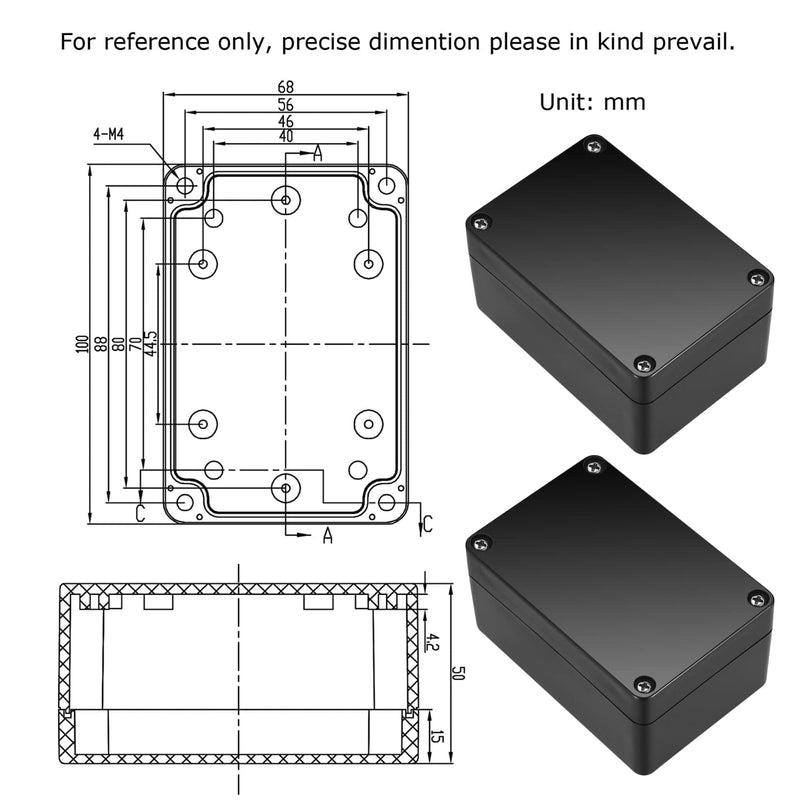 Pack of 2 waterproof junction boxes, project box electronic, plastic project junction box housing electrical box - 100 x 68 x 50 mm/black A100 x 68 x 50 mm black