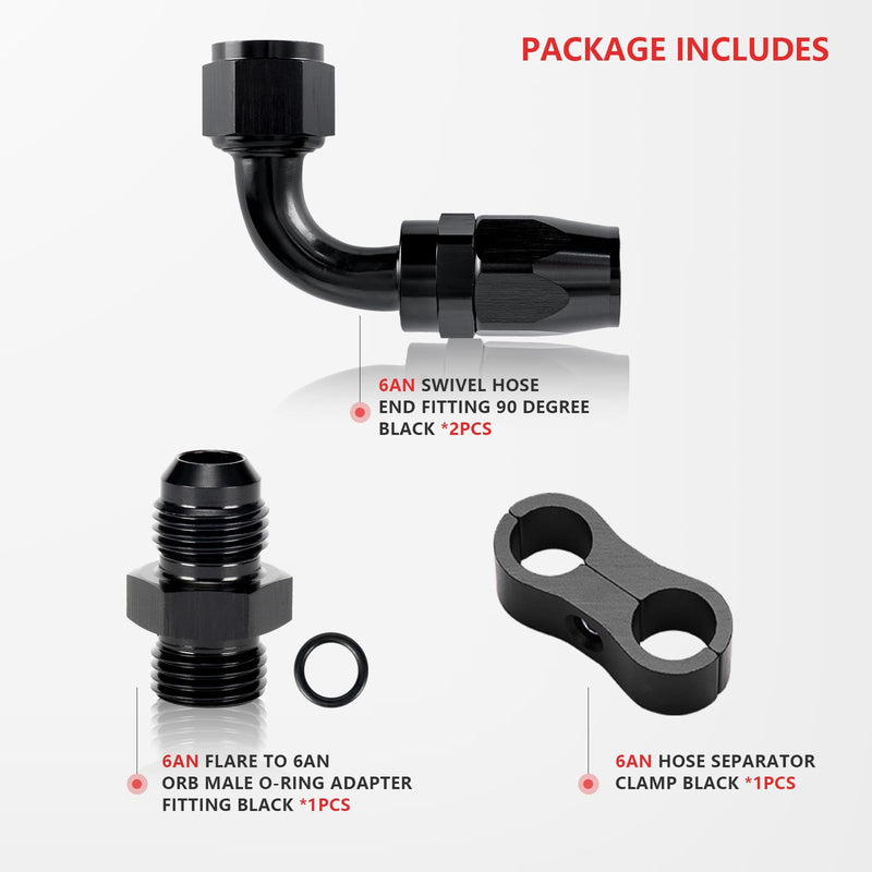 6AN 90 Degree Fitting, AN6 Swivel Hose End Fitting 90 Degree For Braided CPE Fuel Hose With 6AN Hose Separator Clamp & 6AN Flare to AN6 ORB Male Adapter, Leak-Proof Aluminum