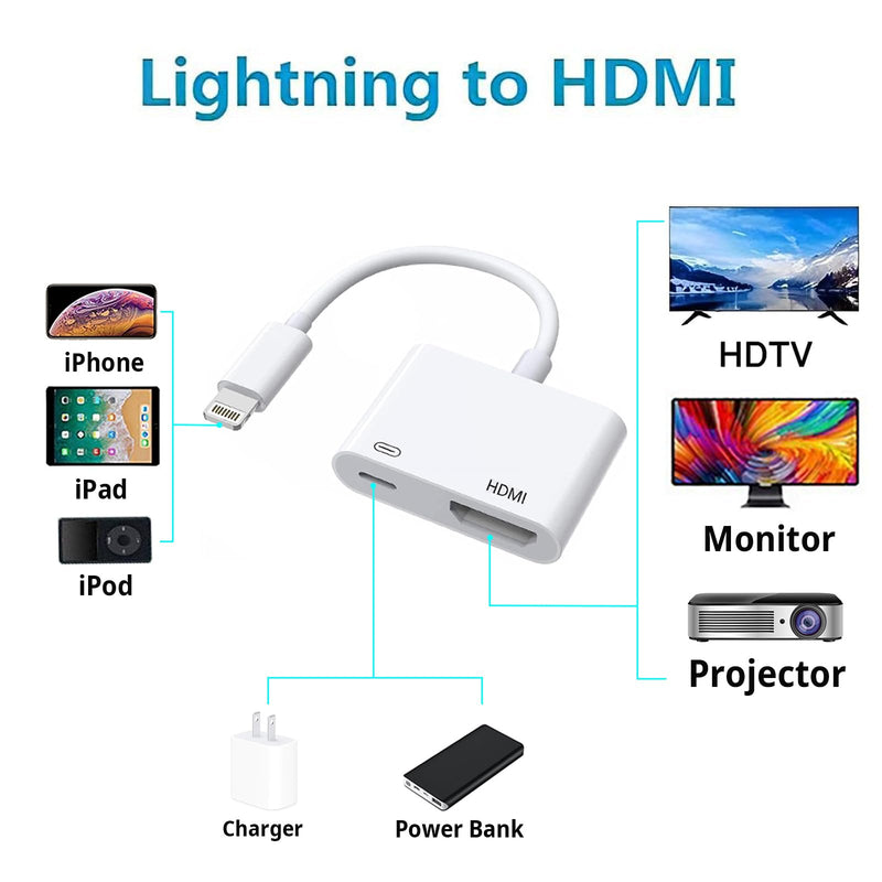 [Apple MFi Certified] Lightning to HDMI Adapter, No Power Needed 1080P Video & Audio Sync Screen Converter with Lightning Charging Port, iPhone to HDMI Adapter Compatible with iOS