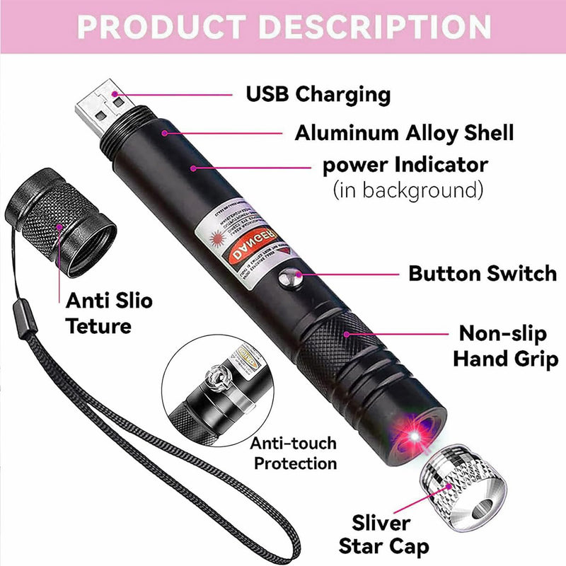 IVVTRYI Red Laser Pointer USB Charging Office Teaching Flashlight Laser Pointer Cat Toy Indoor Training Cat