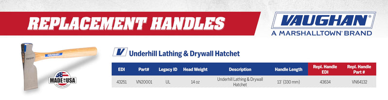 Vaughan Underhill Lathing and Drywall Hatchet, Hickory Handle, Polished Head, UL, VN20001