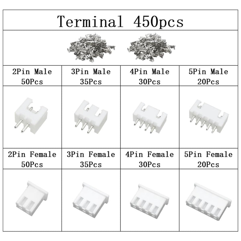 720PCS 2.54mm JST-XH Connector Kit,2/3/4/5 Pin Header Housing Connectors,2.54mm Pitch JST Male and Female Adapter,XH 2.54mm Plug Terminal for Camera, 3D printer