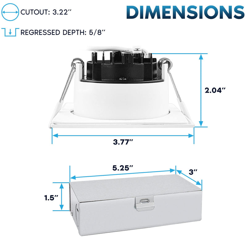 LUXRITE 3 Inch Square LED Recessed Ceiling Light with Junction Box, 10W, 5CCT Selectable 2700K/3000K/3500K/4000K/5000K, 800LM High Brightness, Dimmable Canless Downlight, Wet Rated, IC Rated, ETL